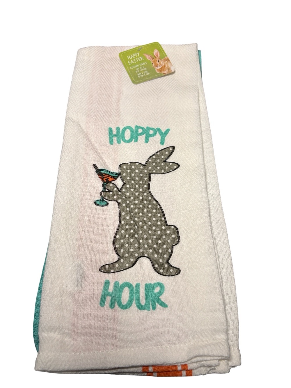 Hoppy Hour Easter Bunny Cocktail Embroidered Dish Towel Set of 2 NWT